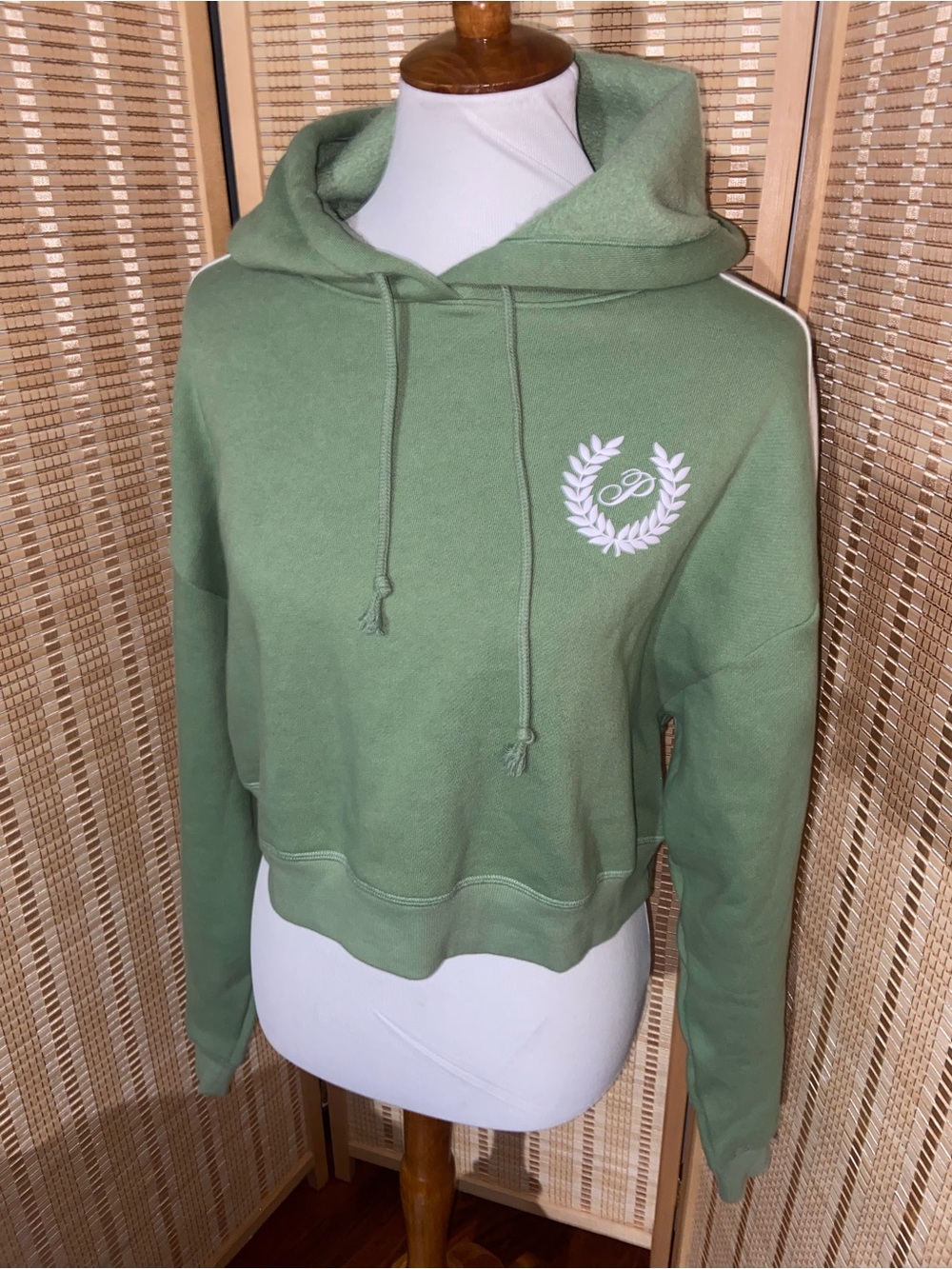PINK Victoria's Secret Cropped Sage Green Hoodie with White Laurel Crest
